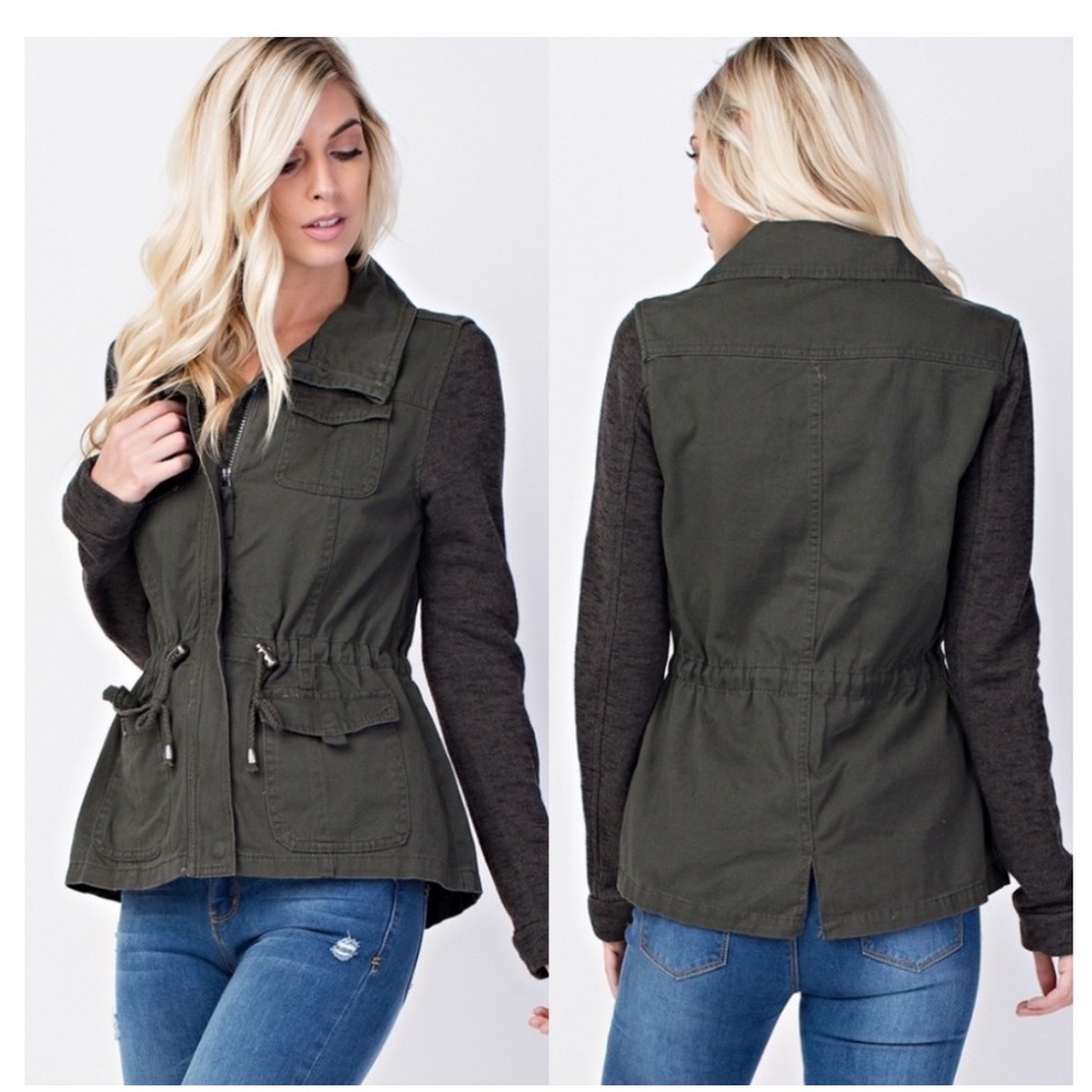 Ashley by 26 International Green Gray Anorak Utility Jacket Mixed Media Womens M